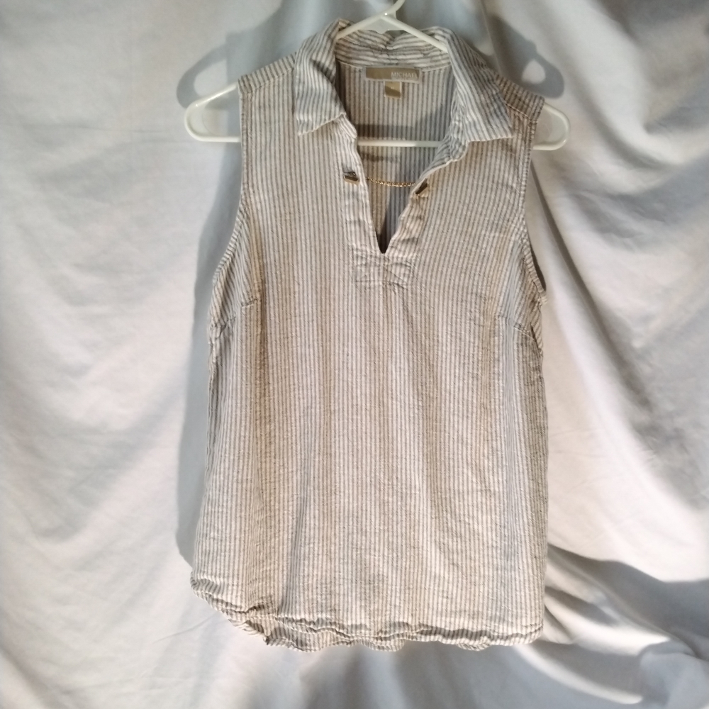 Michael Kors Striped Sleeveless Collared Top